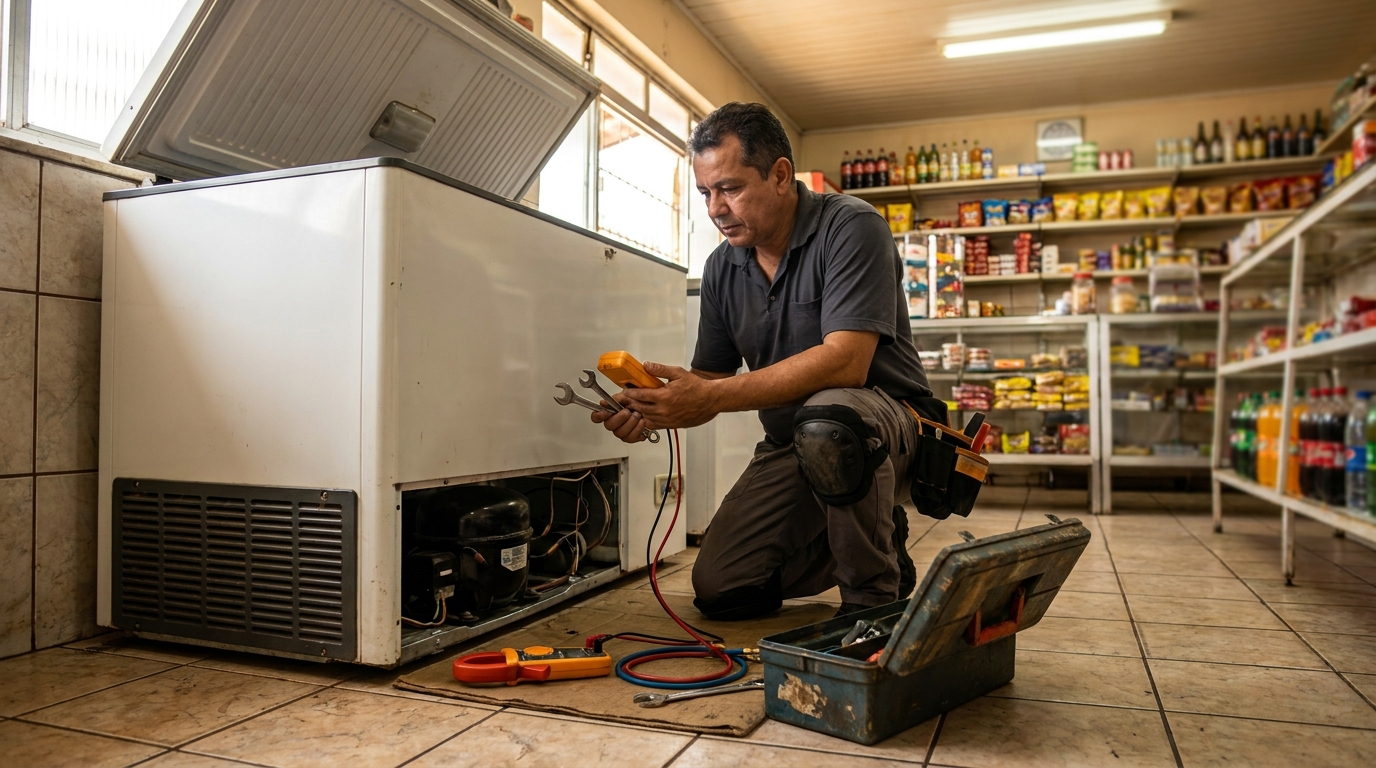 Técnico realizando manutenção de motor de freezer em Jaboatão dos Guararapes‑PE